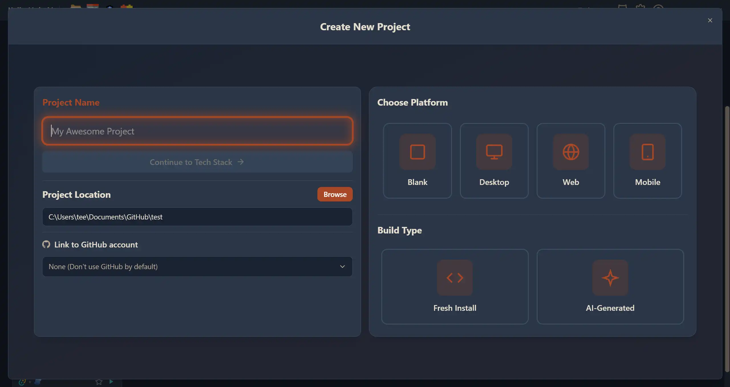 Project Creation — Kaiju Hub AI development workspace screenshot