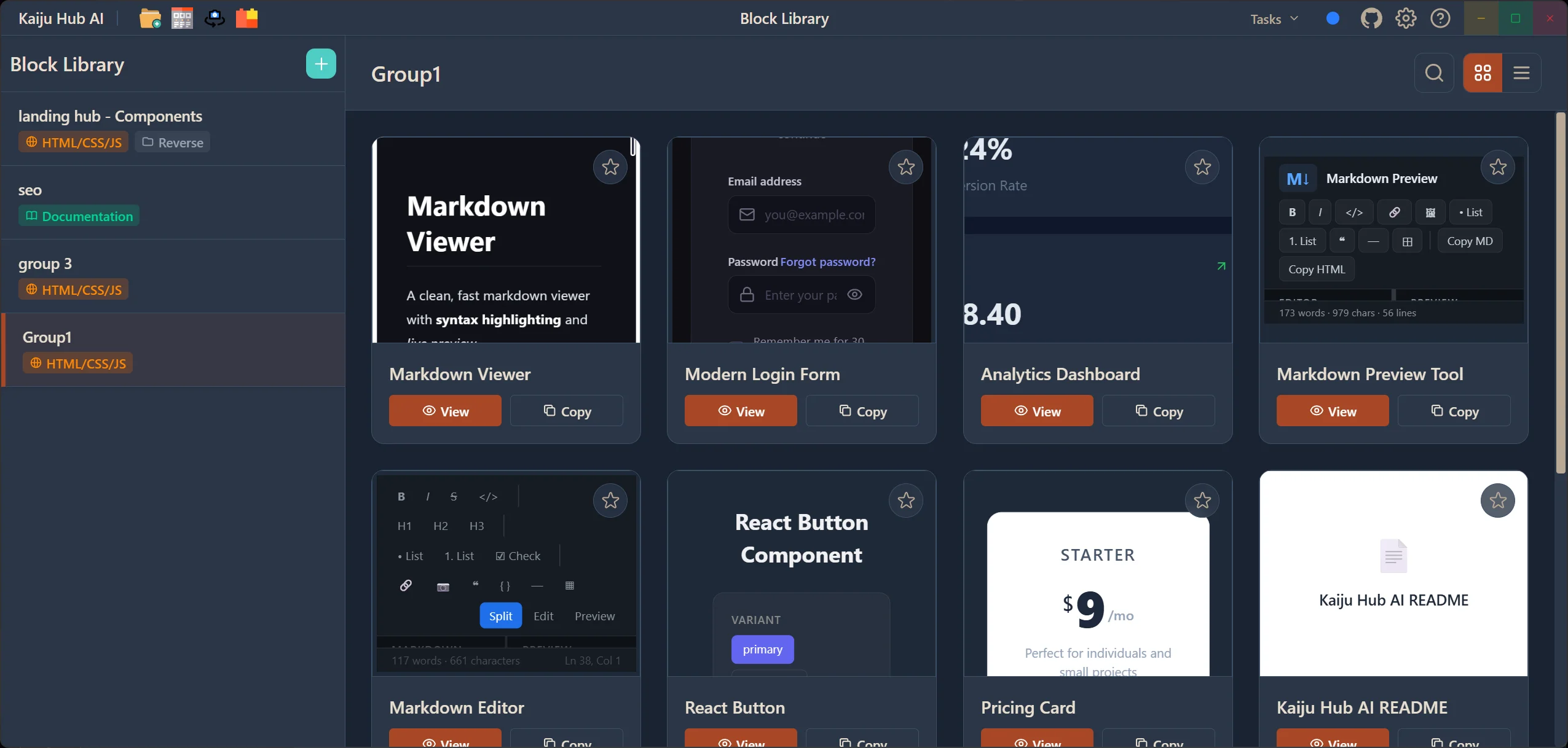 Kaiju Hub AI Block Library with component groups, block cards, and live previews