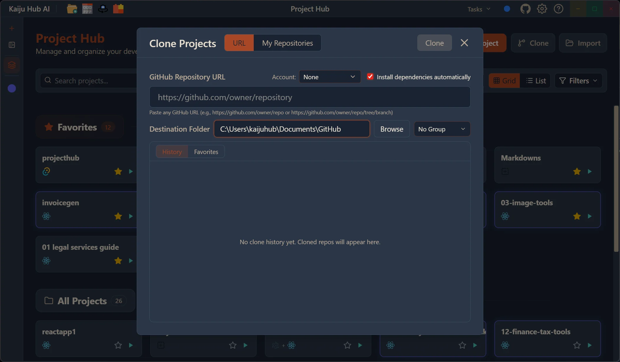 Kaiju Hub AI Clone Projects dialog with GitHub repository URL and destination folder