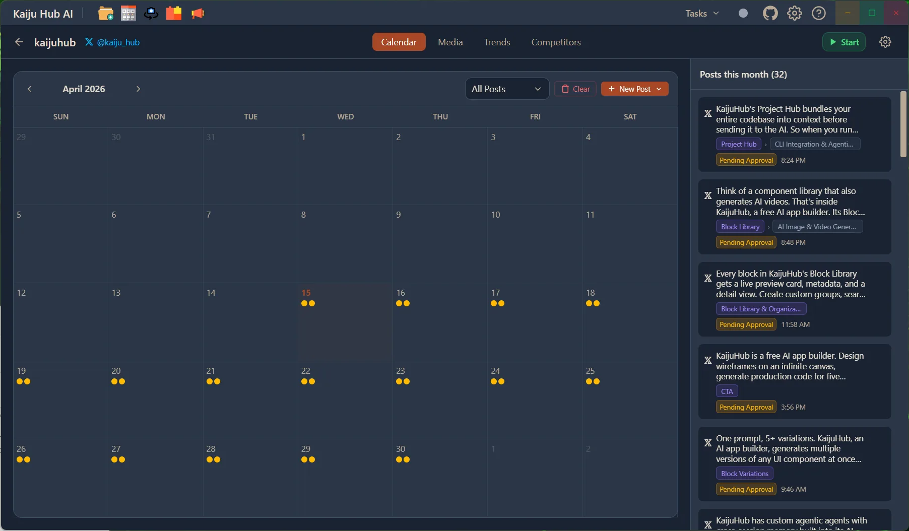 KaijuHub Marketing hub with personality builder, competition analysis, and social posting