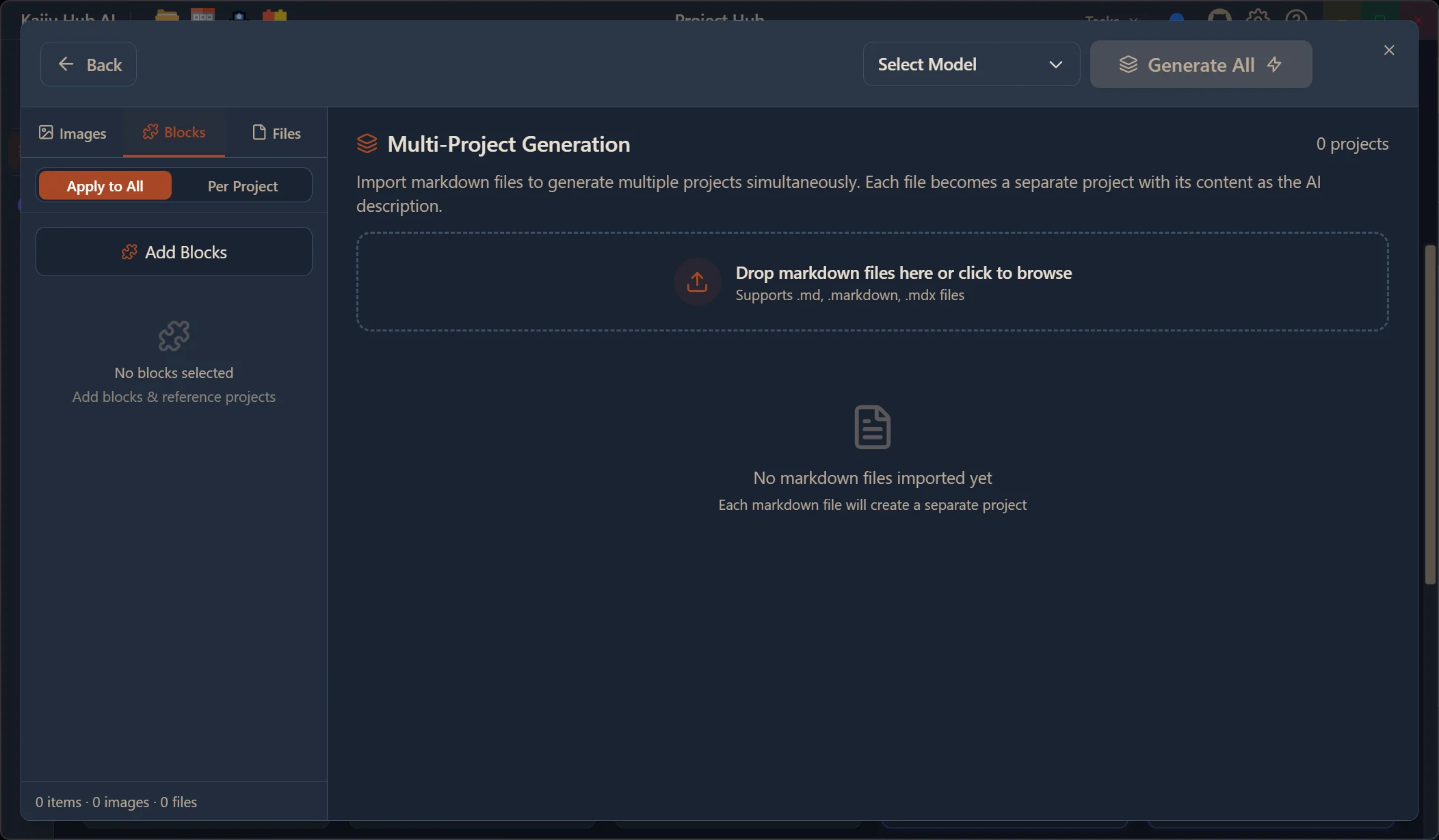 Kaiju Hub AI Multi-Project Generation with markdown file import and batch creation