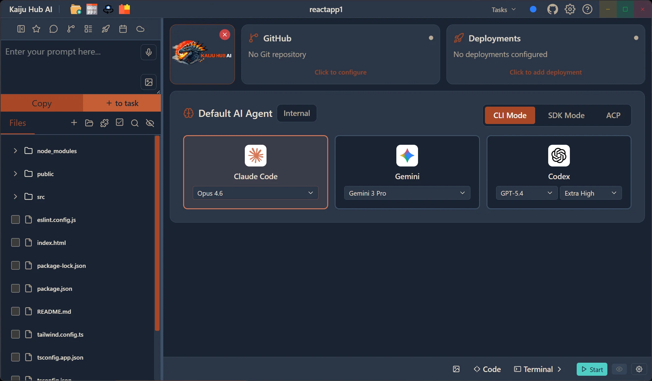 Kaiju Hub AI Project Hub workspace with file explorer, AI agents, GitHub integration, and deployment tools
