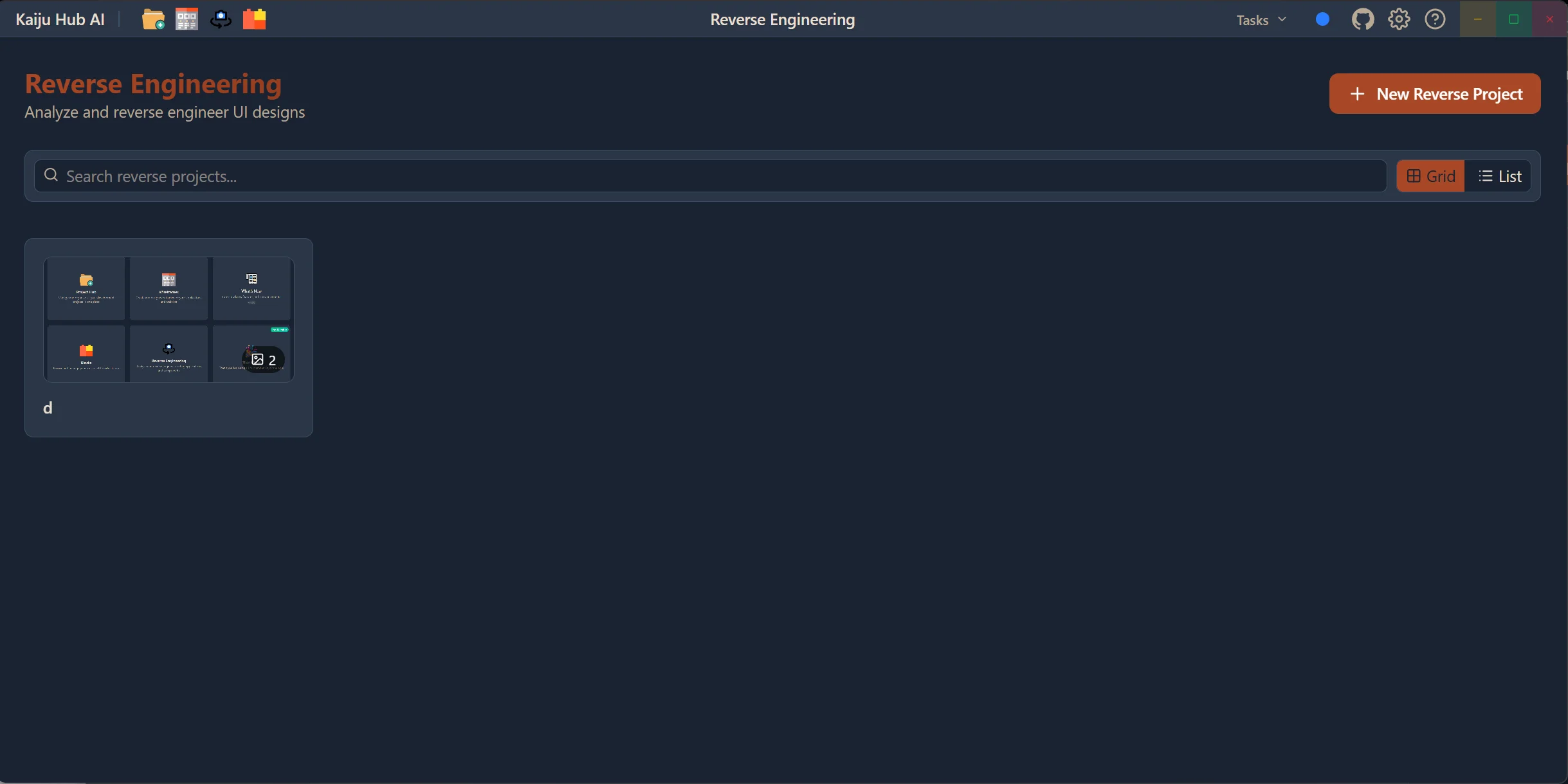 Kaiju Hub AI Reverse Engineering hub with project grid, search, and new project creation