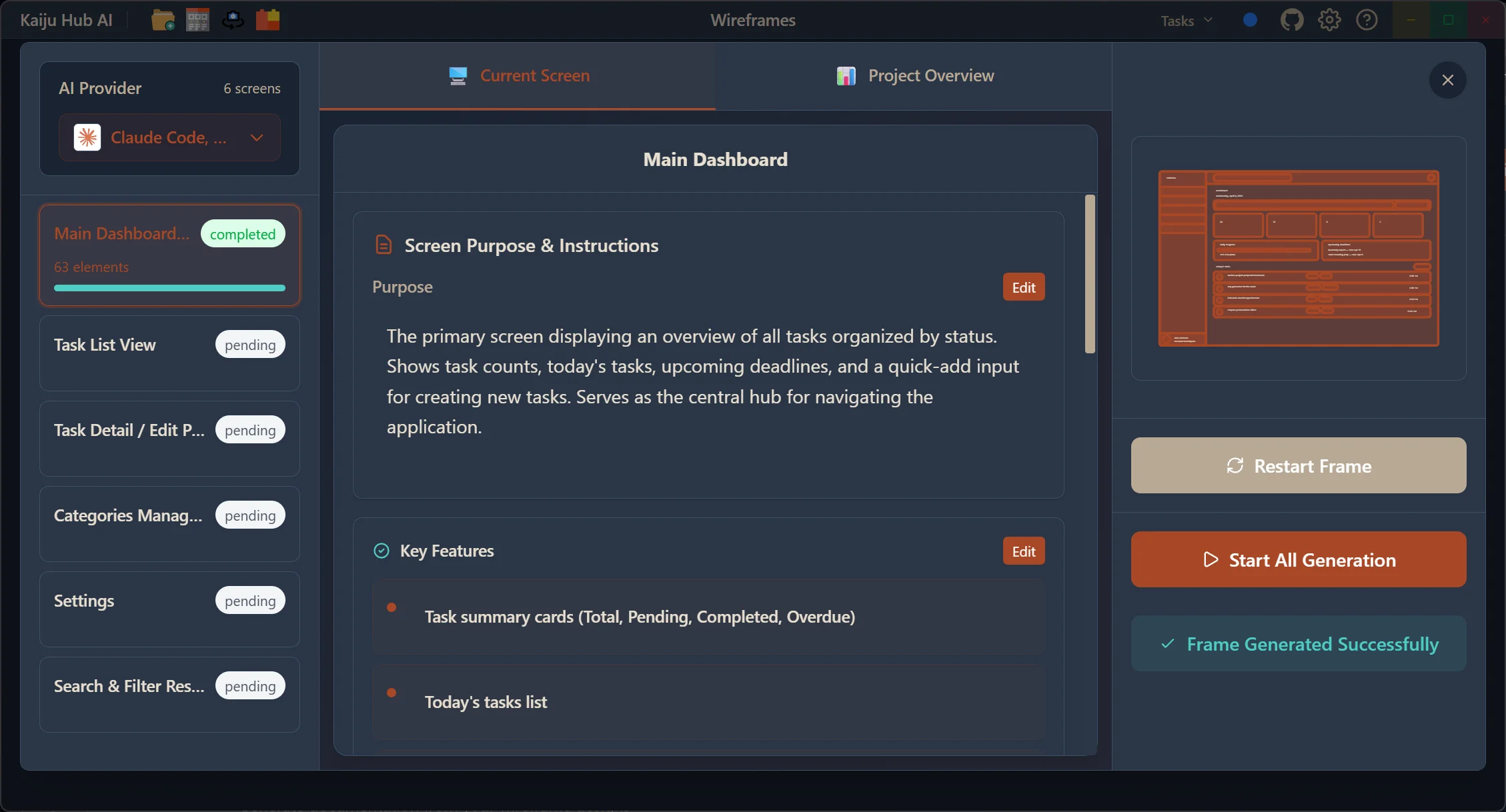 Kaiju Hub AI wireframe generation with screen list, purpose editor, and frame generation