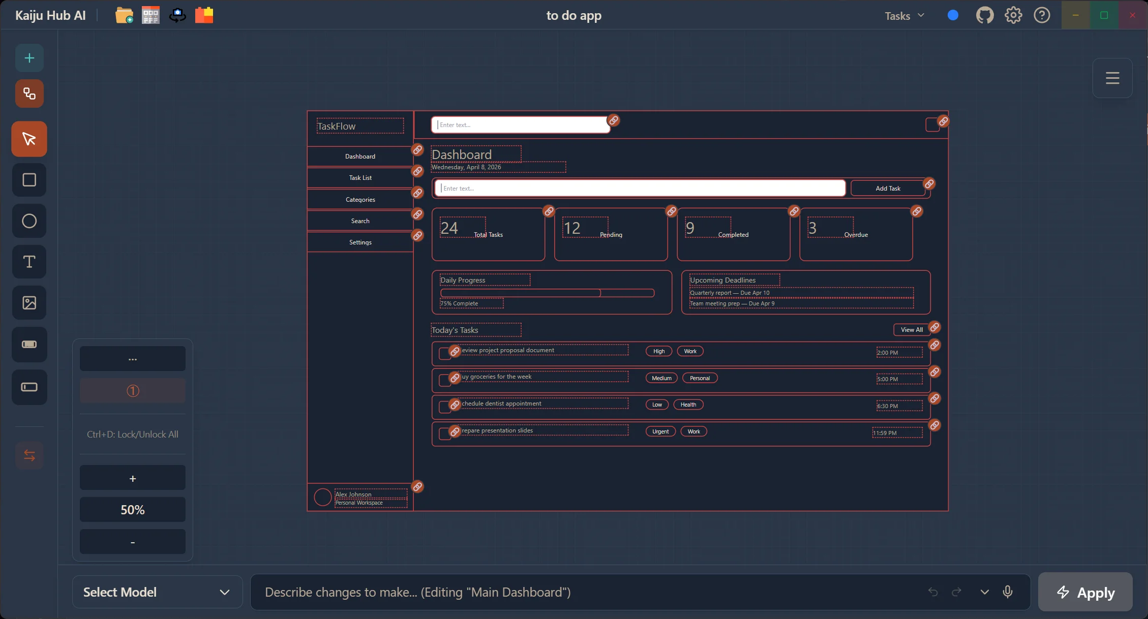 Kaiju Hub AI wireframe canvas editor with Dashboard layout, toolbar, and AI editing prompt