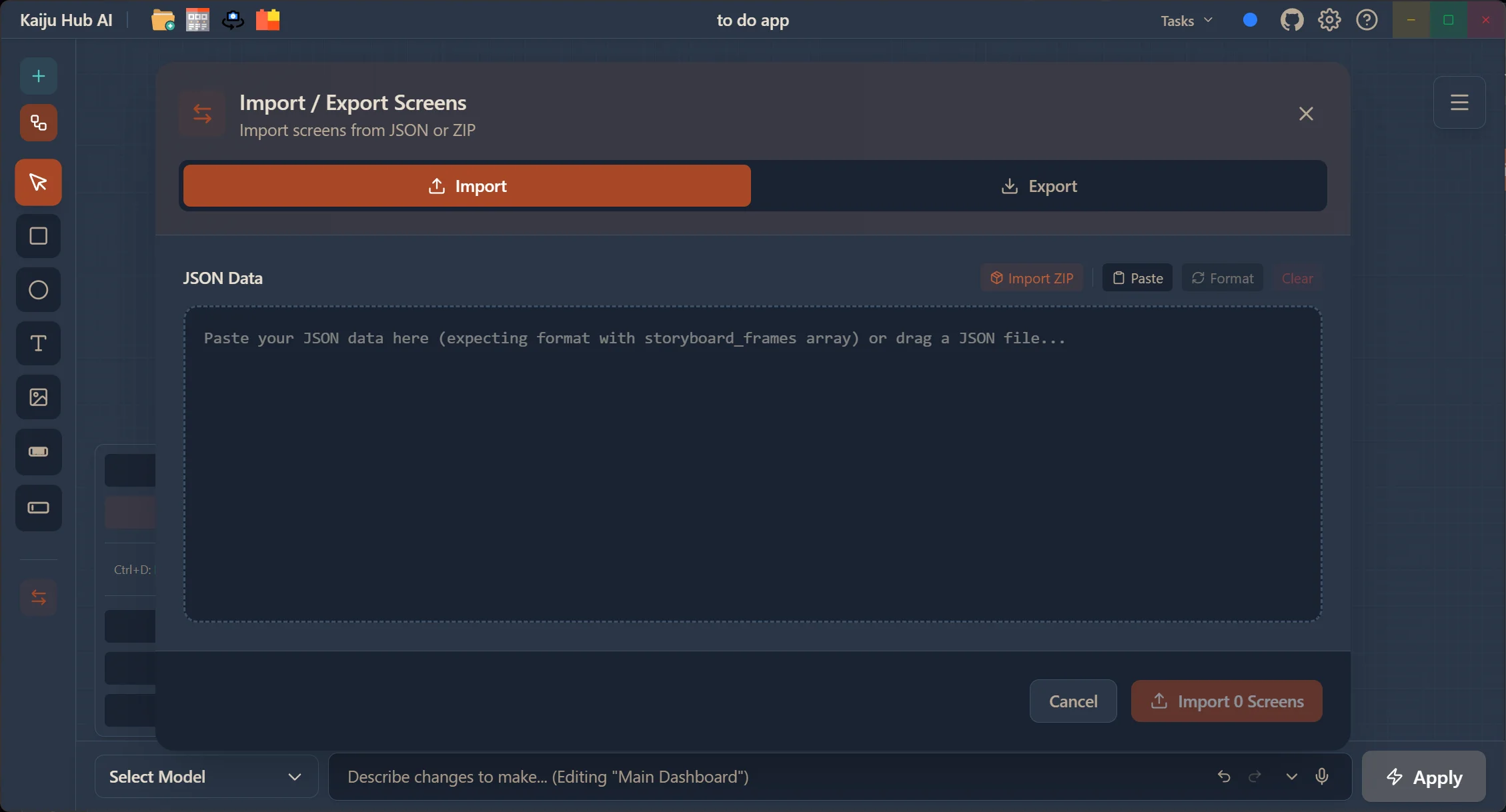 Kaiju Hub AI Import/Export Screens dialog with JSON data import and export