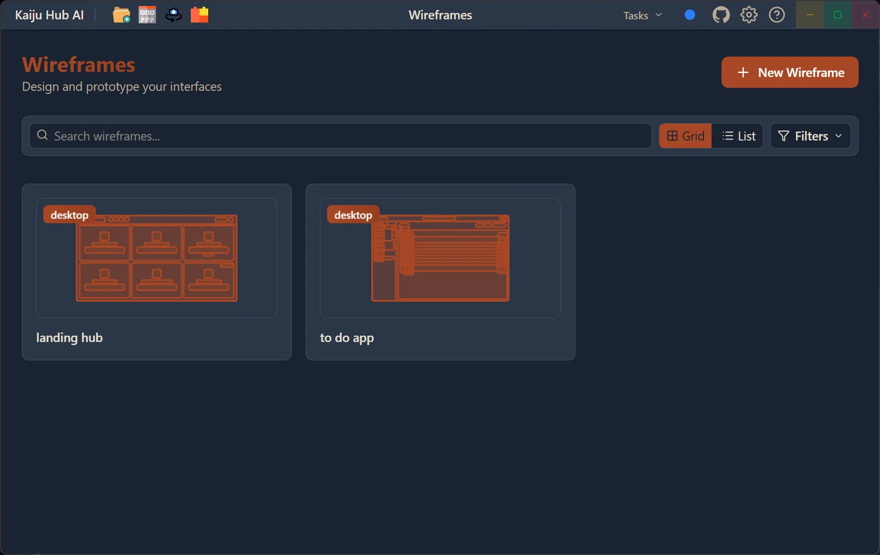 Kaiju Hub AI Wireframes hub with wireframe project cards and search