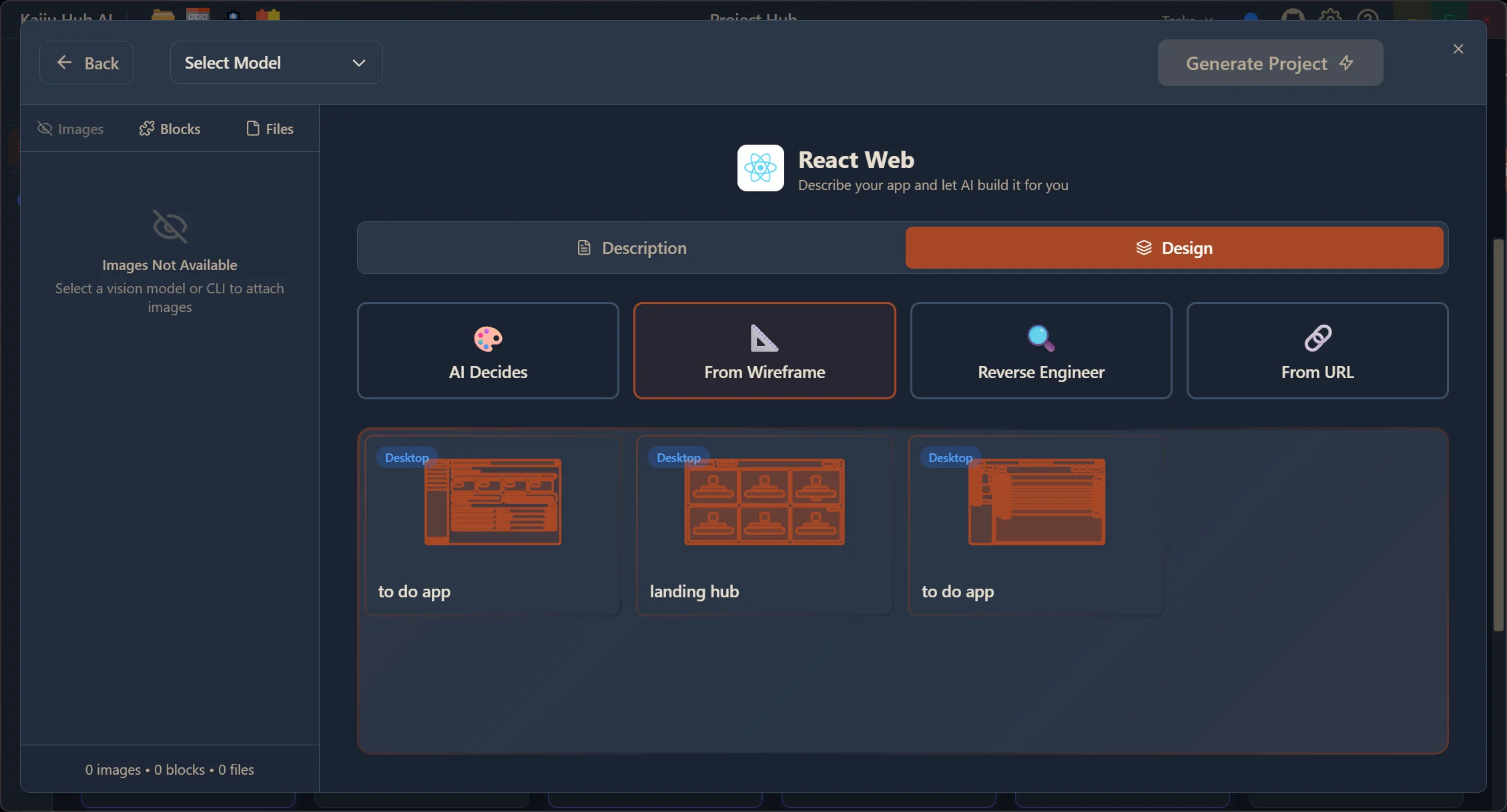 Kaiju Hub AI Generate Project from wireframe with React Web, design sources, and wireframe selection