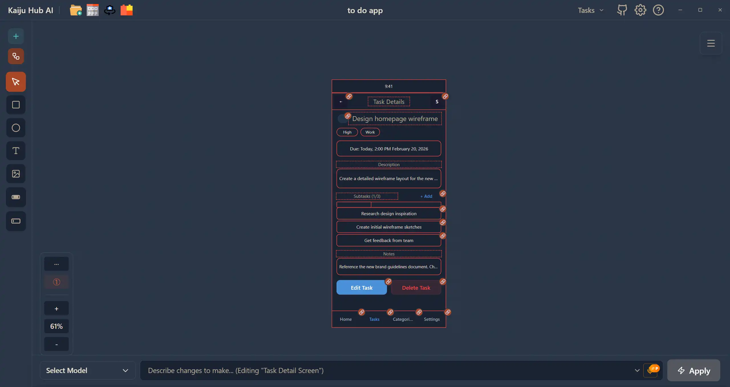 AI-wireframes — Kaiju Hub AI development workspace screenshot