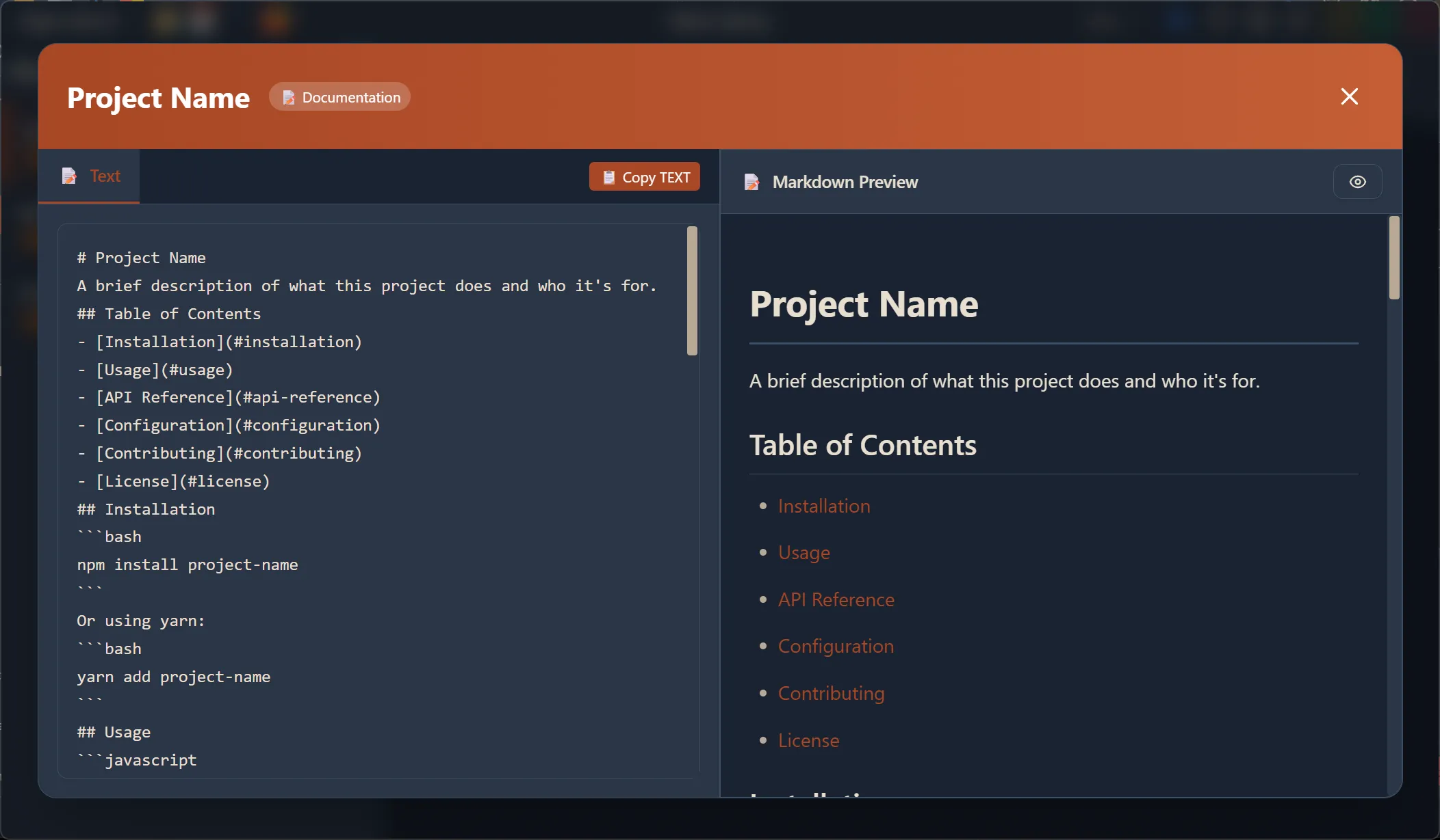 Block detail modal showing Project Name with Documentation badge, Text tab with raw markdown source, and Markdown Preview tab with rendered content