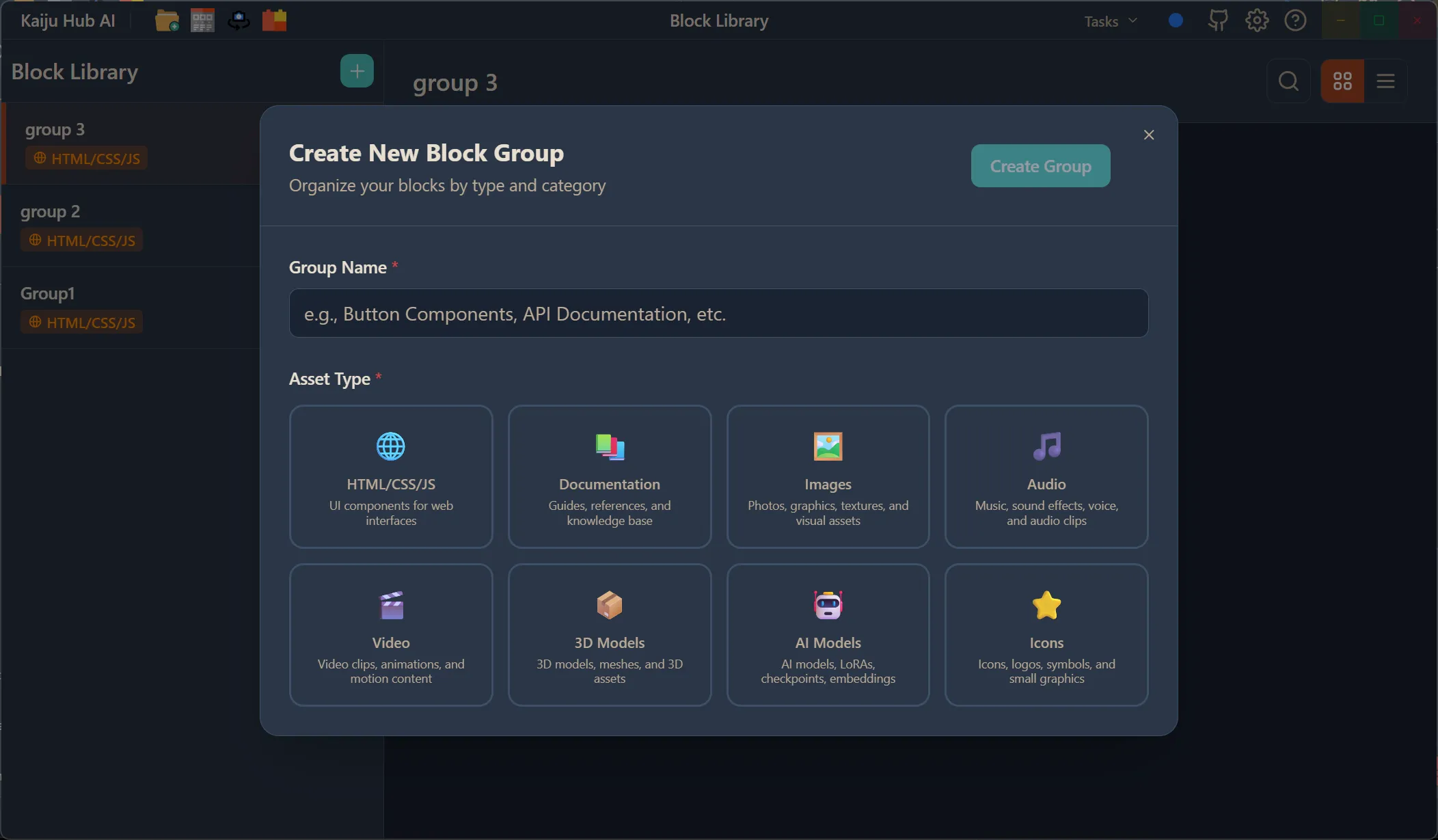 Create New Block Group dialog with Group Name field and Asset Type grid showing HTML/CSS/JS, Documentation, Images, Audio, Video, 3D Models, AI Models, and Icons