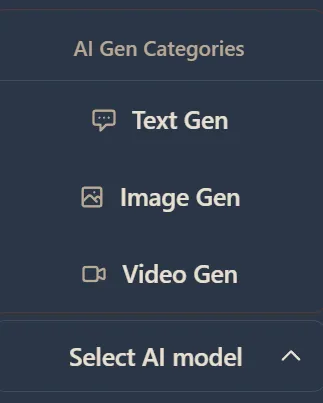 AI Gen Categories dropdown showing Text Gen, Image Gen, and Video Gen options with Select AI model button