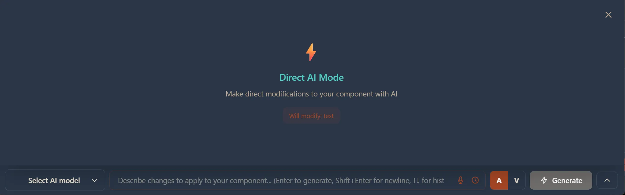 Direct AI Mode panel showing lightning bolt icon, Direct AI Mode title, Make direct modifications to your component with AI description, and Will modify text badge