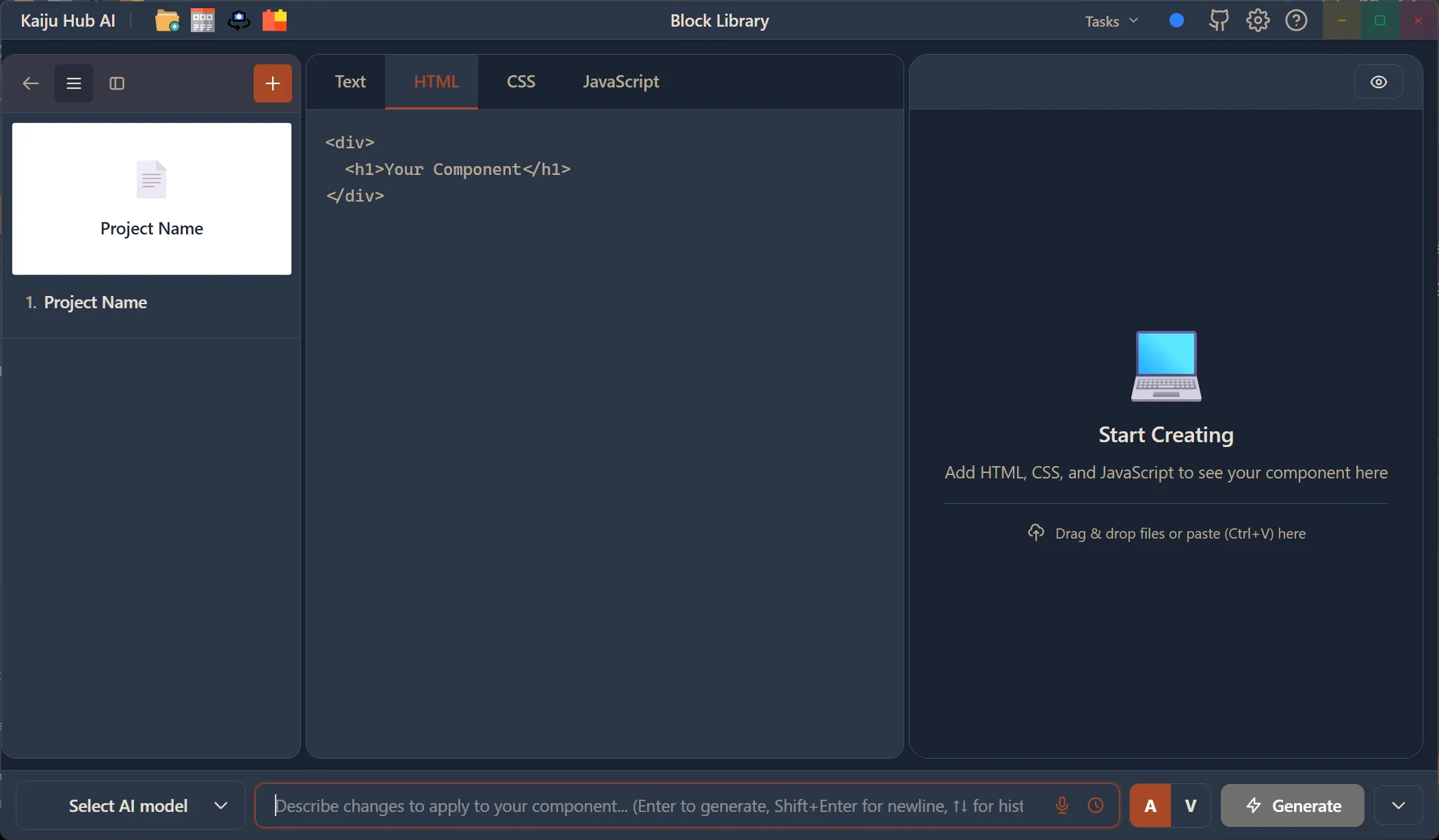 Creator View HTML tab showing editable HTML code with div and h1 elements in the center code editor panel