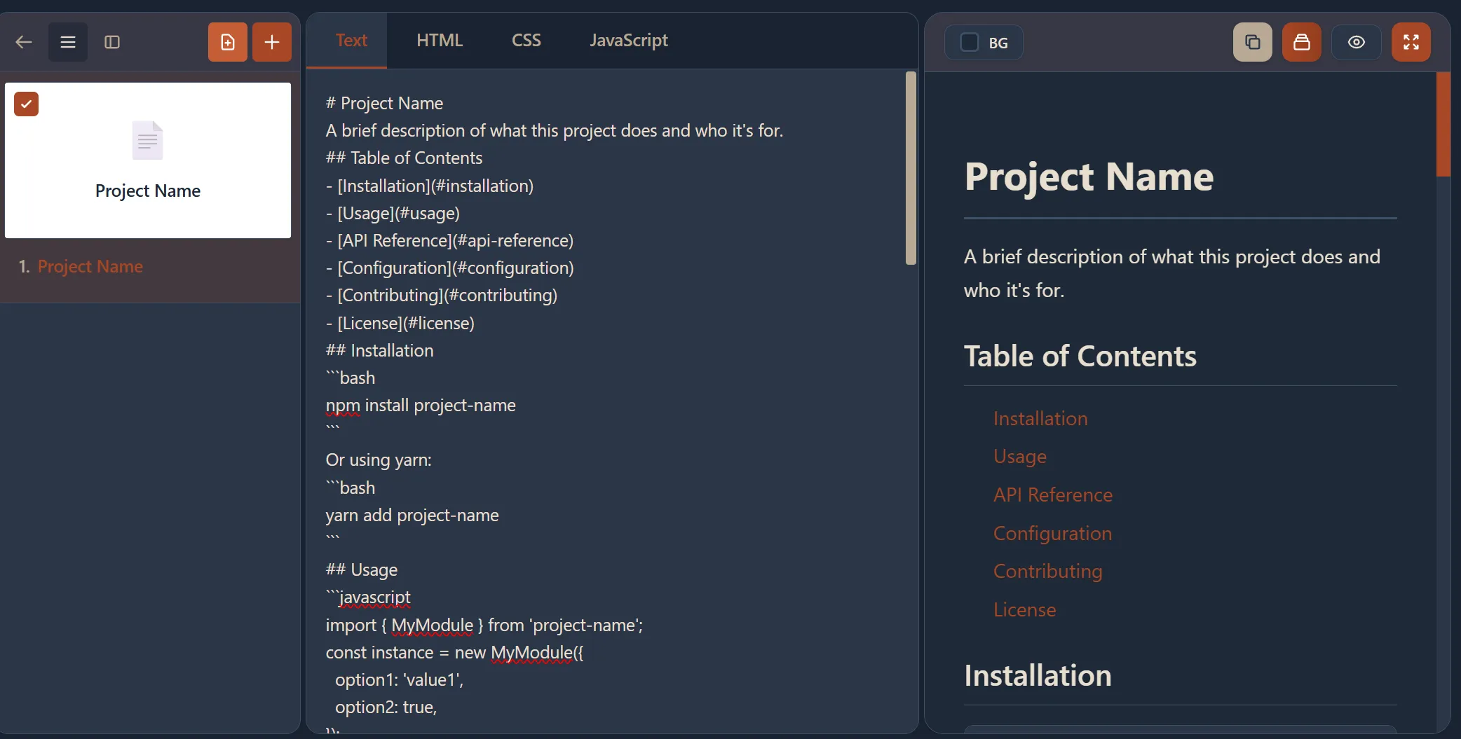 Creator View with markdown source in the center editor and rendered Markdown Preview on the right showing Project Name, Table of Contents, and Installation sections