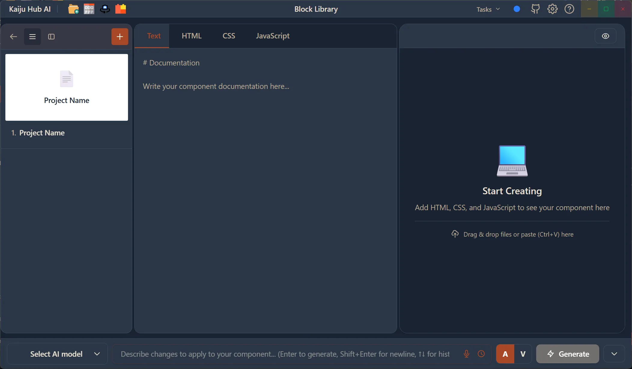 Creator View three-panel layout showing block list on the left, Text tab code editor in the center, and Start Creating live preview on the right with AI Prompt Box at the bottom