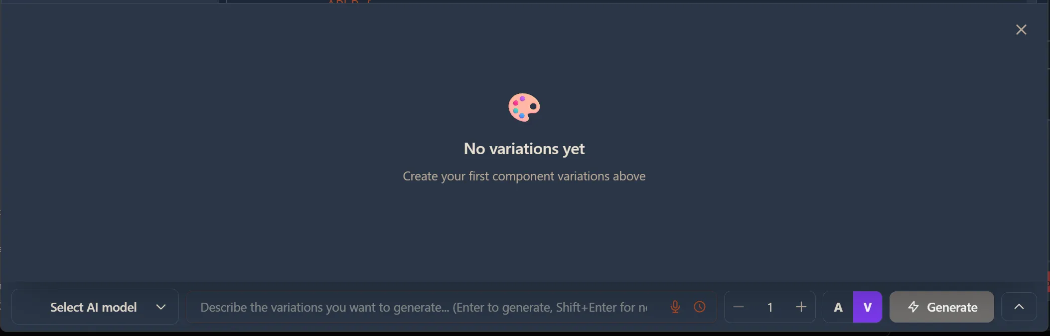 Variations panel showing No variations yet message with palette icon, prompt input for describing variations, minus and plus counter controls, purple V toggle active, and Generate button