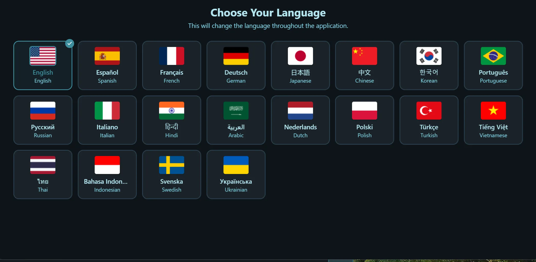 Choose Your Language screen showing 20 language options with flags