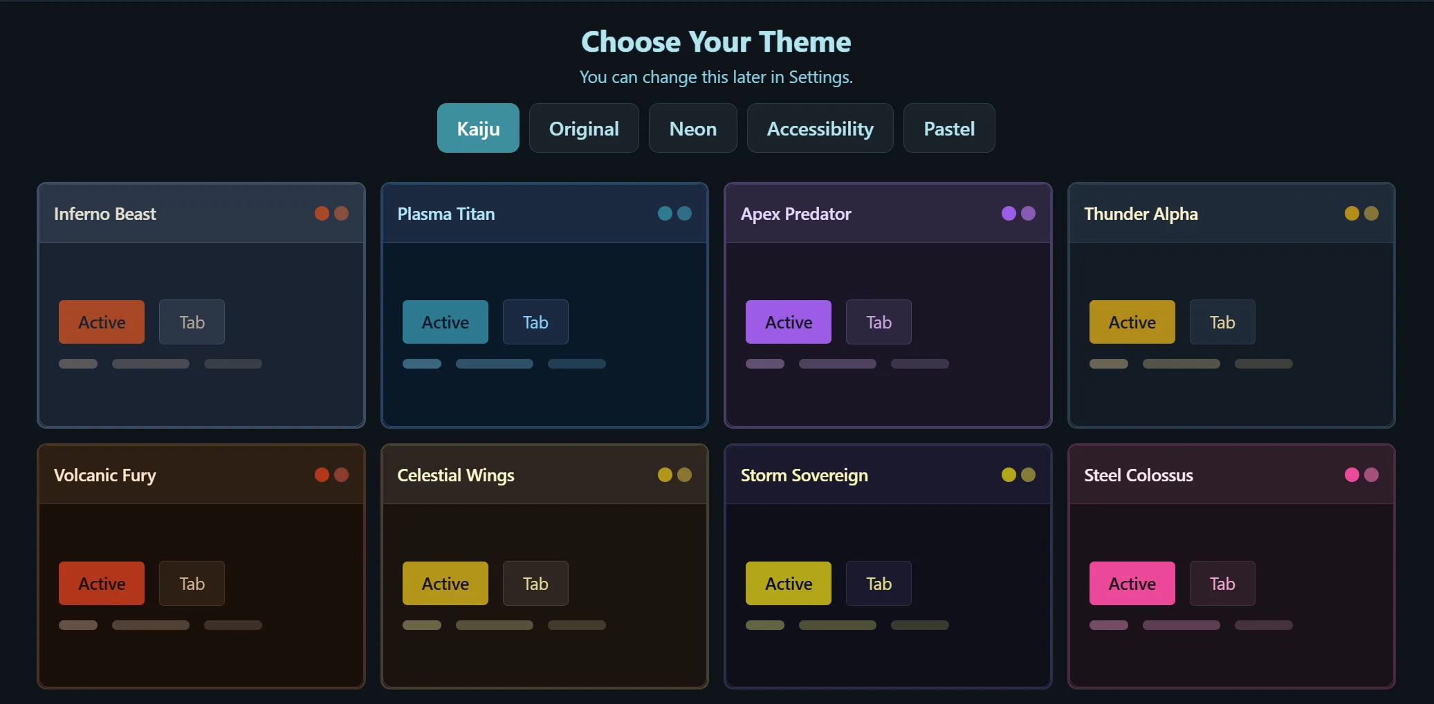 Choose Your Theme screen showing various theme options organized by category