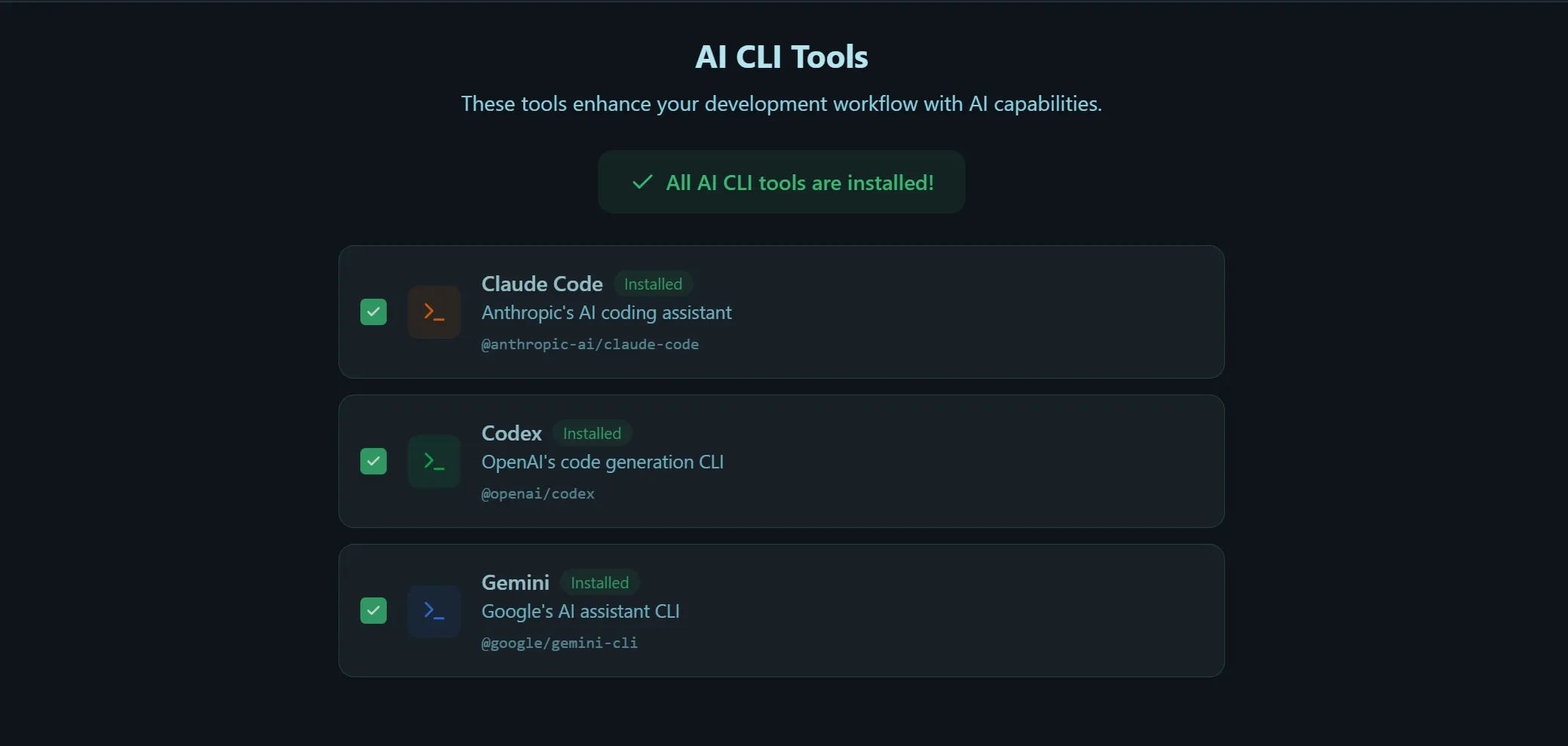 AI CLI Tools screen showing Claude Code, Codex, and Gemini