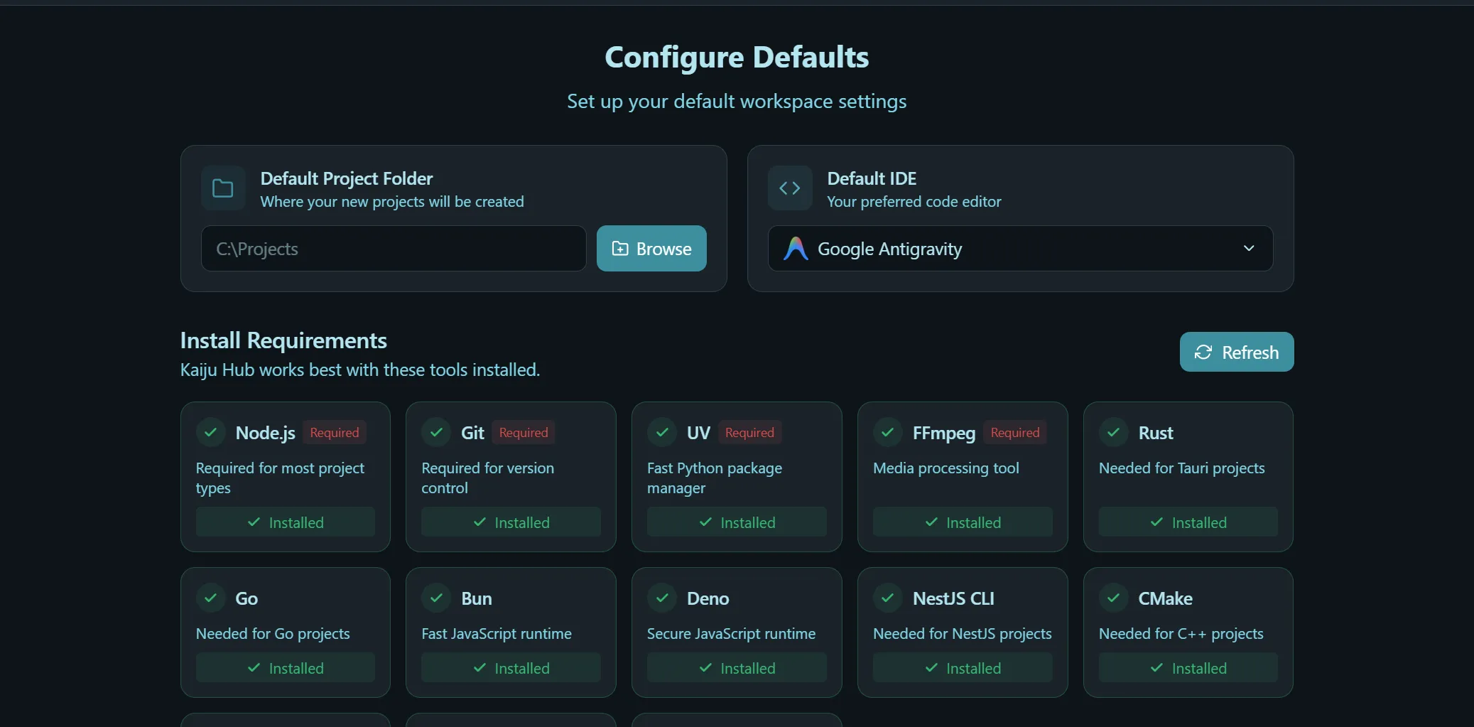 Configure Defaults screen showing project folder and IDE settings