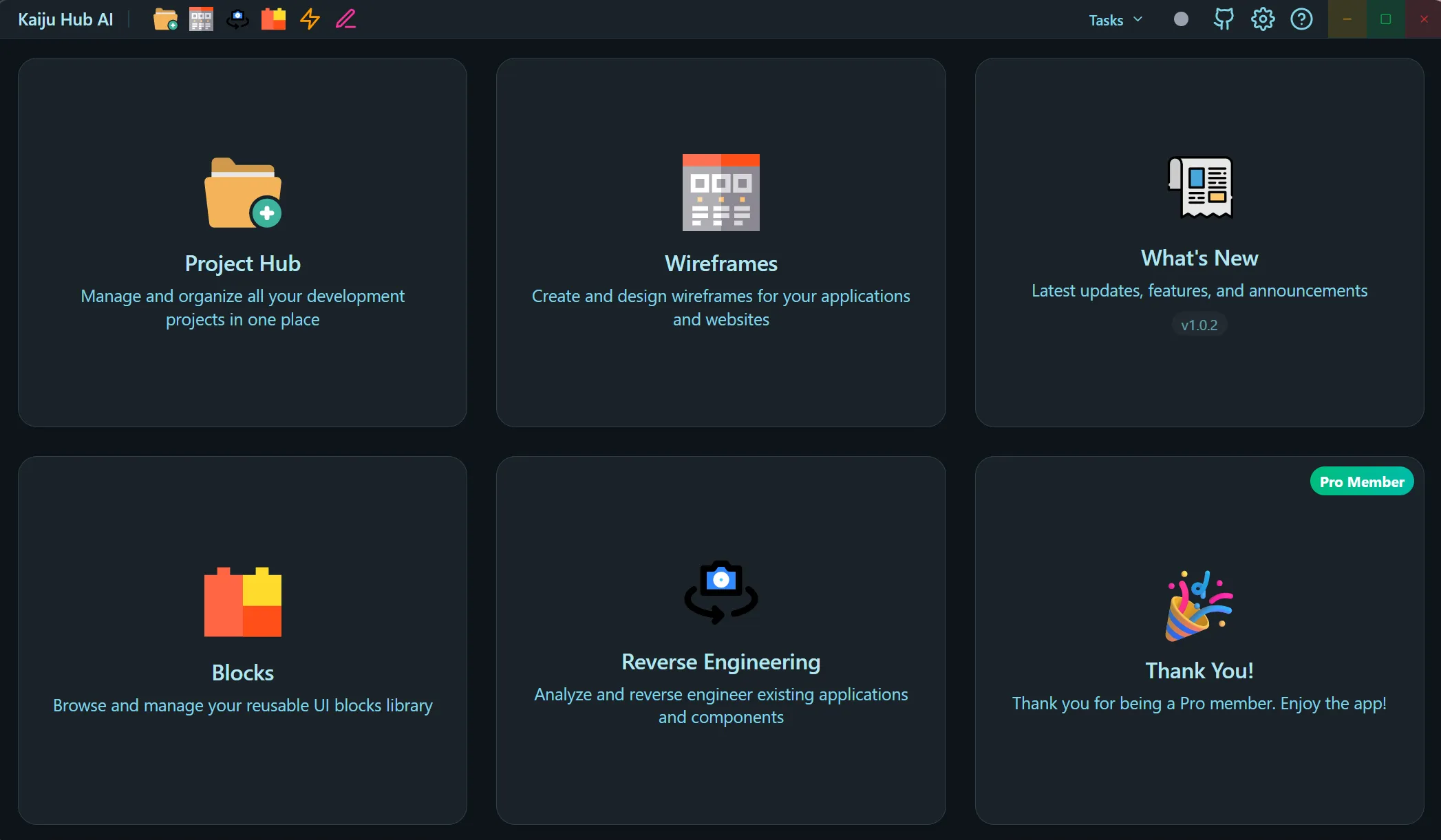 Kaiju Hub AI Landing Hub showing Project Hub, Wireframes, Blocks, Reverse Engineering, and more
