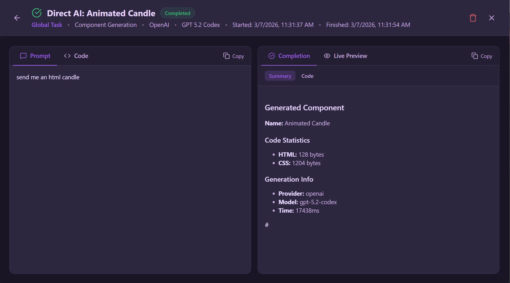 Task detail view showing prompt, completion summary with code statistics, generation info, and live preview
