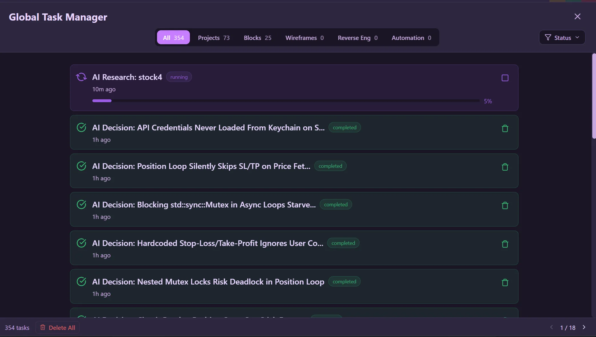 Global Task Manager showing task list with section filters, status badges, and live progress bars