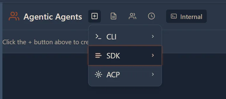 Add Tab dropdown menu showing CLI, SDK, and ACP agent type options