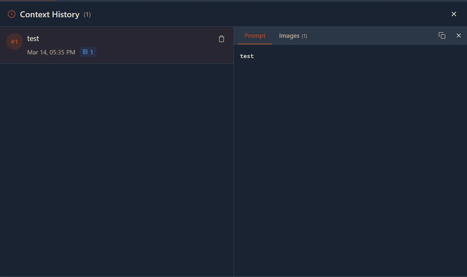 Context History panel showing a numbered list of past context entries with Prompt and Images tabs, timestamps, and image count badges