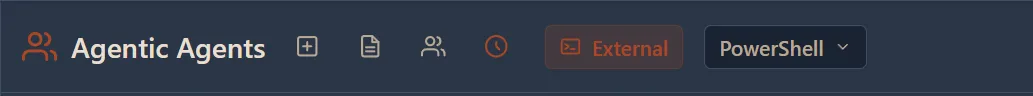 Agent toolbar showing External mode toggle with PowerShell shell selector dropdown