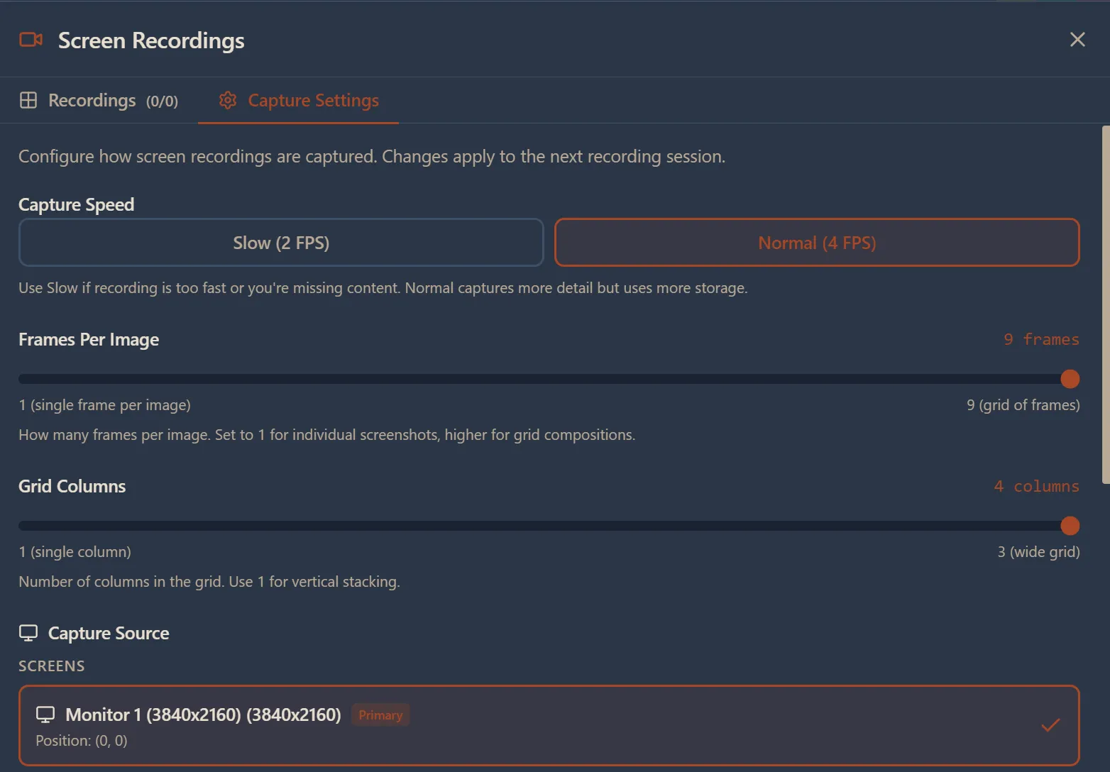 Screen Recordings panel showing Capture Settings with Capture Speed (Slow 2 FPS / Normal 4 FPS), Frames Per Image slider, Grid Columns slider, and Capture Source selector with monitor details