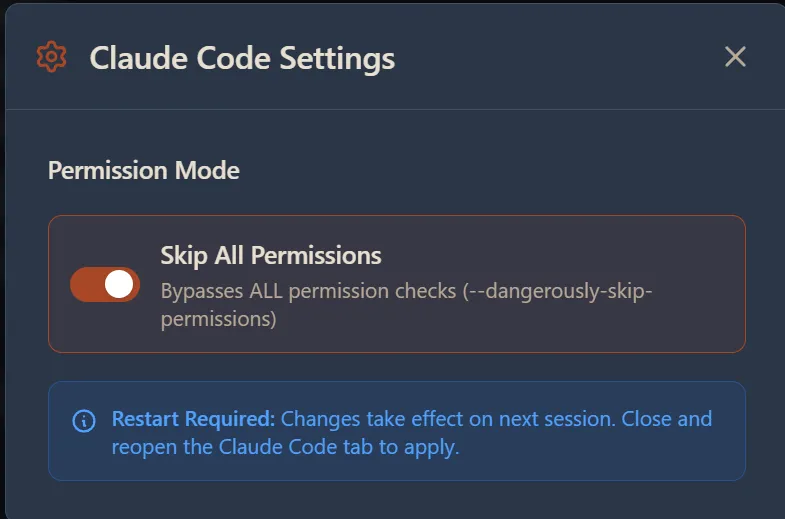 Claude Code Settings panel showing Permission Mode with Skip All Permissions toggle and restart required notice