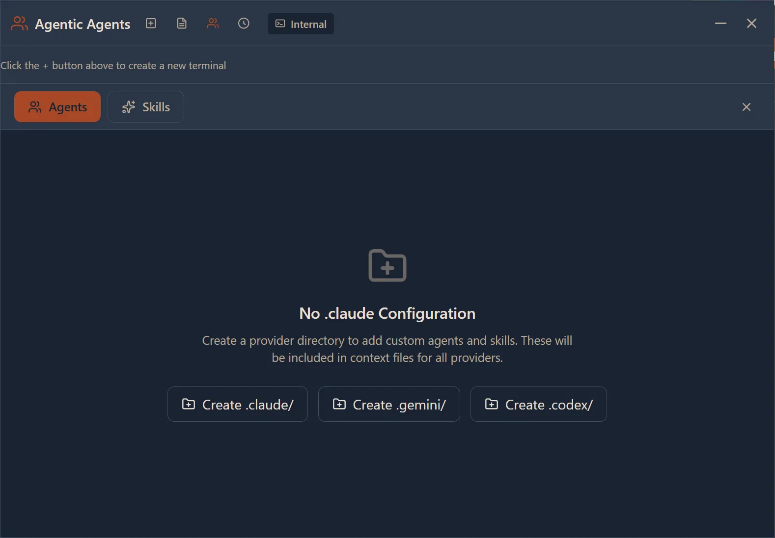 Agent Area showing Agents and Skills tabs with options to create .claude/, .gemini/, and .codex/ provider directories