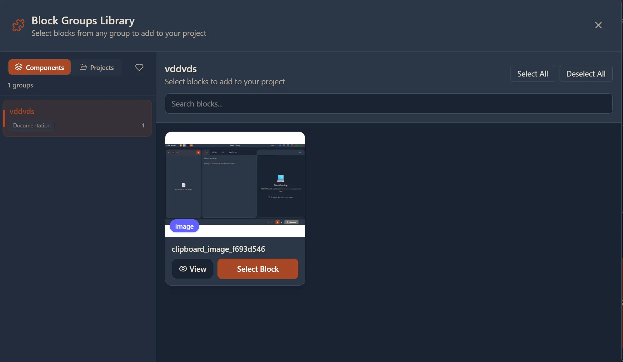 Block Group Library showing components, groups, and block previews