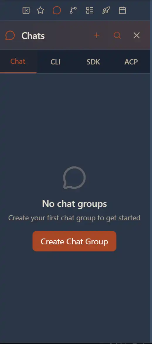 Chat Panel showing Chat, CLI, SDK, and ACP tabs with Create Chat Group button