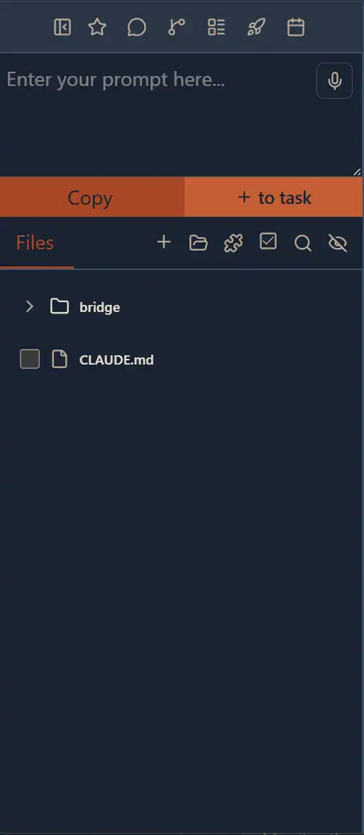 File Tree sidebar showing prompt input, Copy and + to task buttons, Files toolbar with action icons, and project file listing