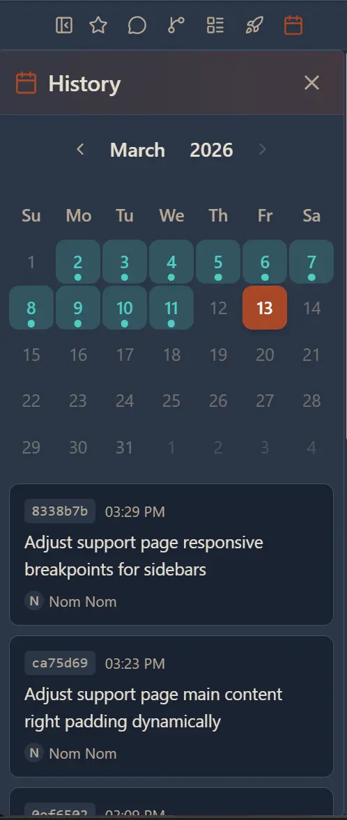History Calendar Panel showing month view with highlighted dates and commit entries