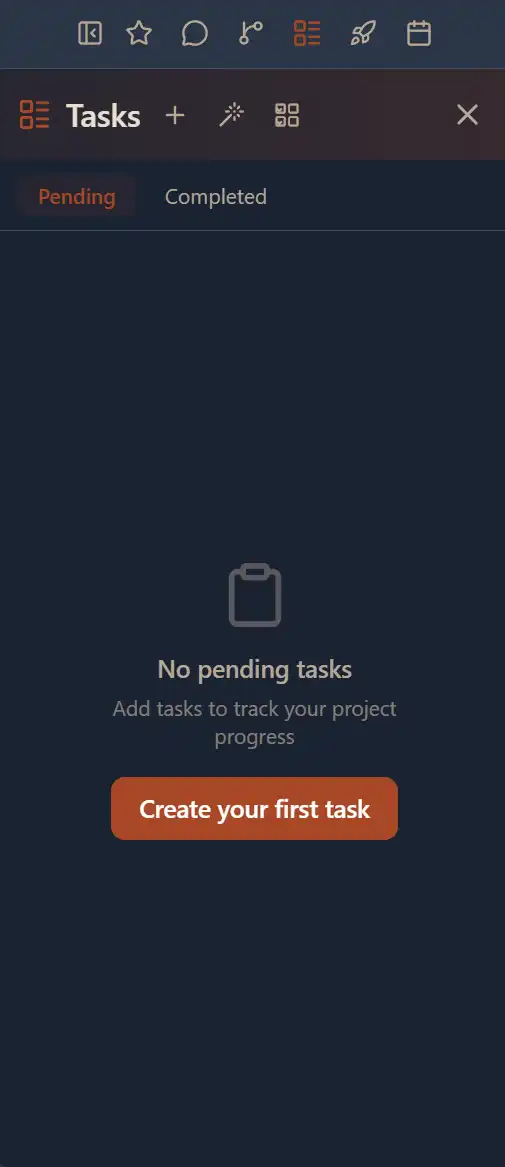 Task Panel showing Pending and Completed tabs with Create your first task button