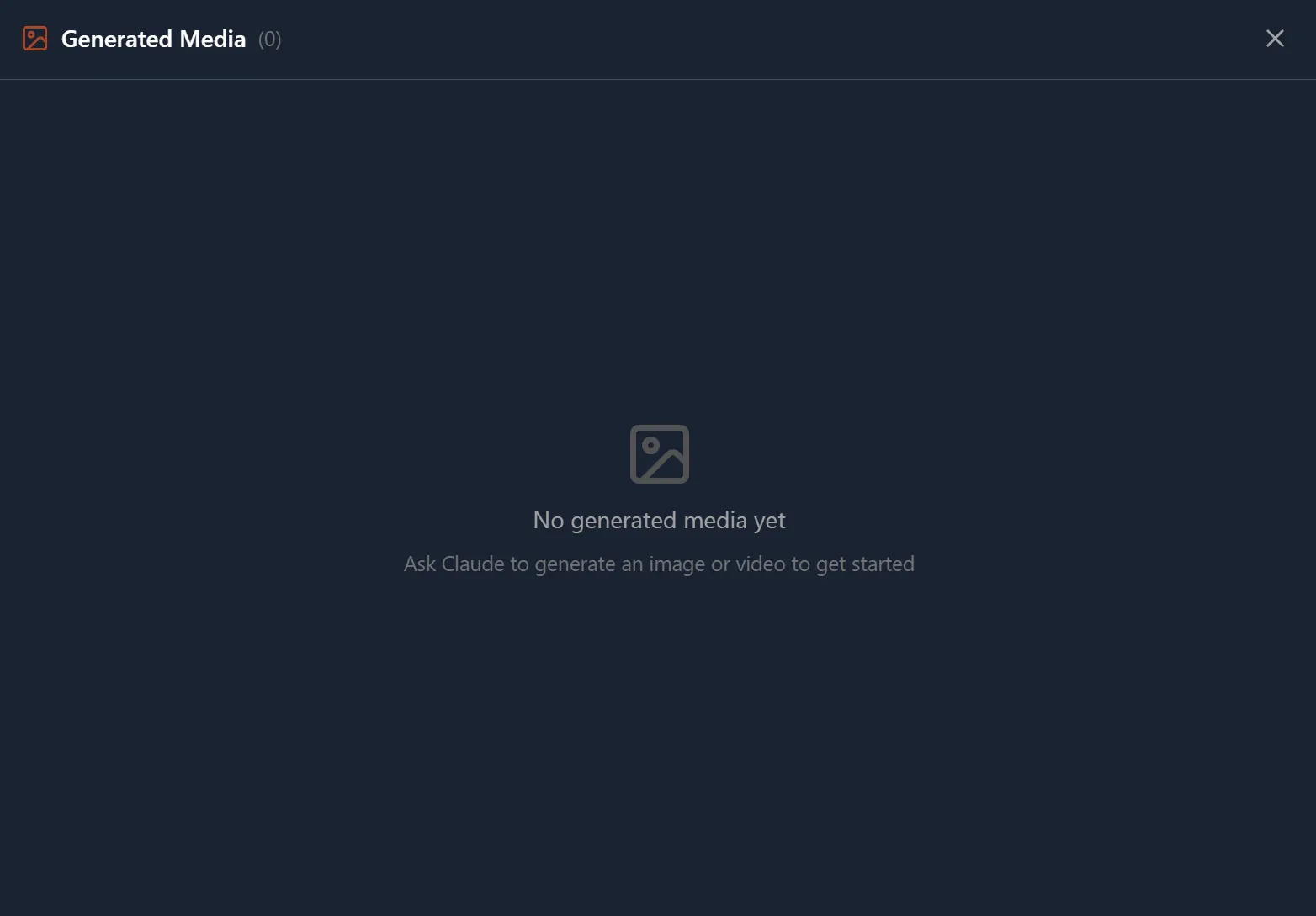 Generated Media panel showing empty state with message to ask Claude to generate an image or video to get started