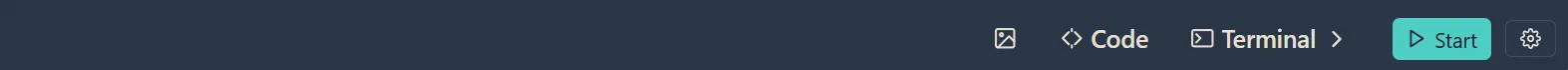Terminal header bar showing Generated Media icon, Code button, Terminal dropdown, Start button, and settings gear