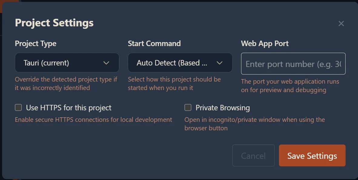 Project Settings dialog showing Project Type dropdown (Tauri), Start Command (Auto Detect), Web App Port input, Use HTTPS checkbox, and Private Browsing checkbox