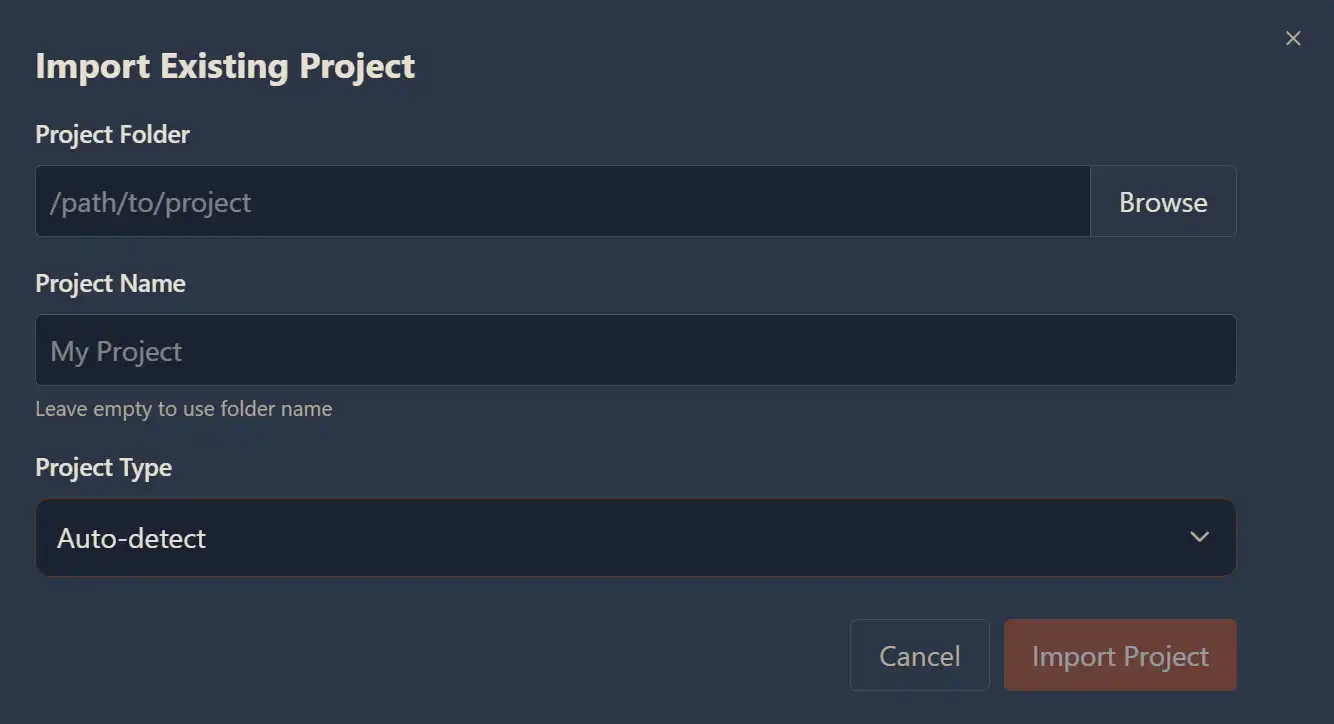 Import Existing Project dialog showing Project Folder path with Browse button, Project Name input, and Project Type dropdown set to Auto-detect