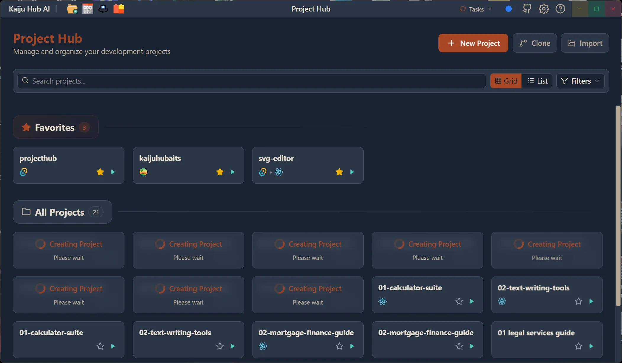 Project Hub showing multiple projects being created simultaneously with Creating Project status indicators
