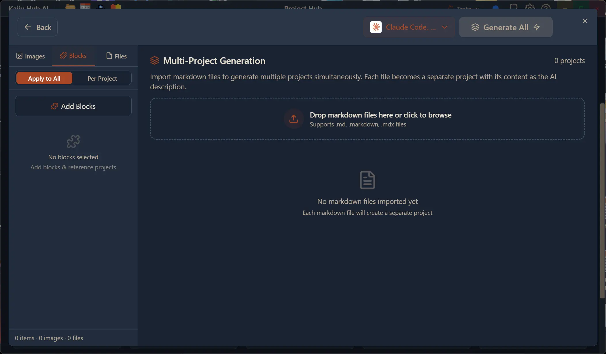 Multi-Project Generation screen showing the markdown file drop zone and empty project list