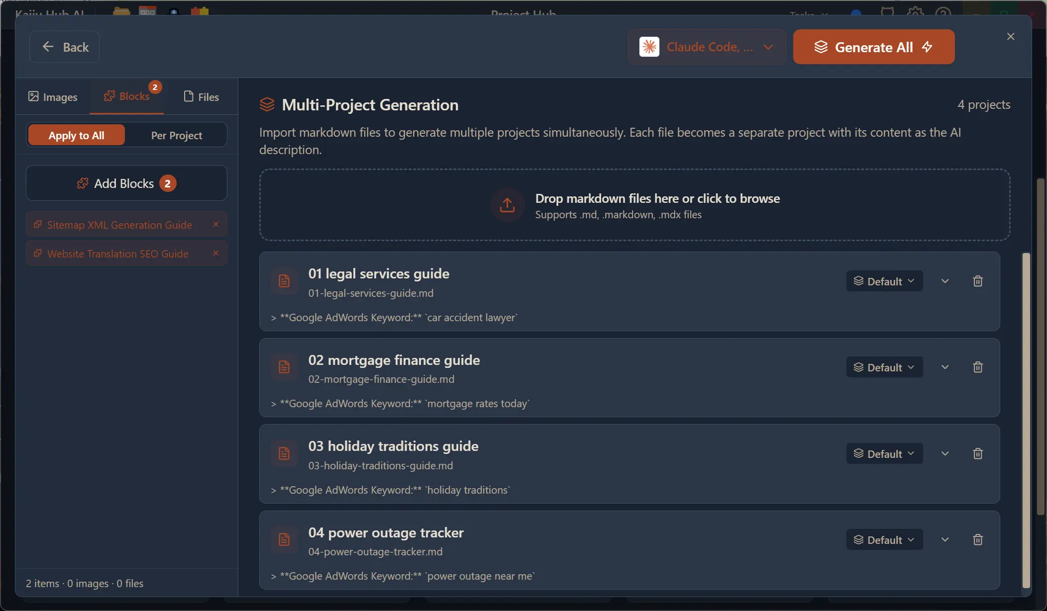 Multi-Project Generation screen with 4 markdown projects loaded, showing per-project tech stack overrides and sidebar with blocks applied