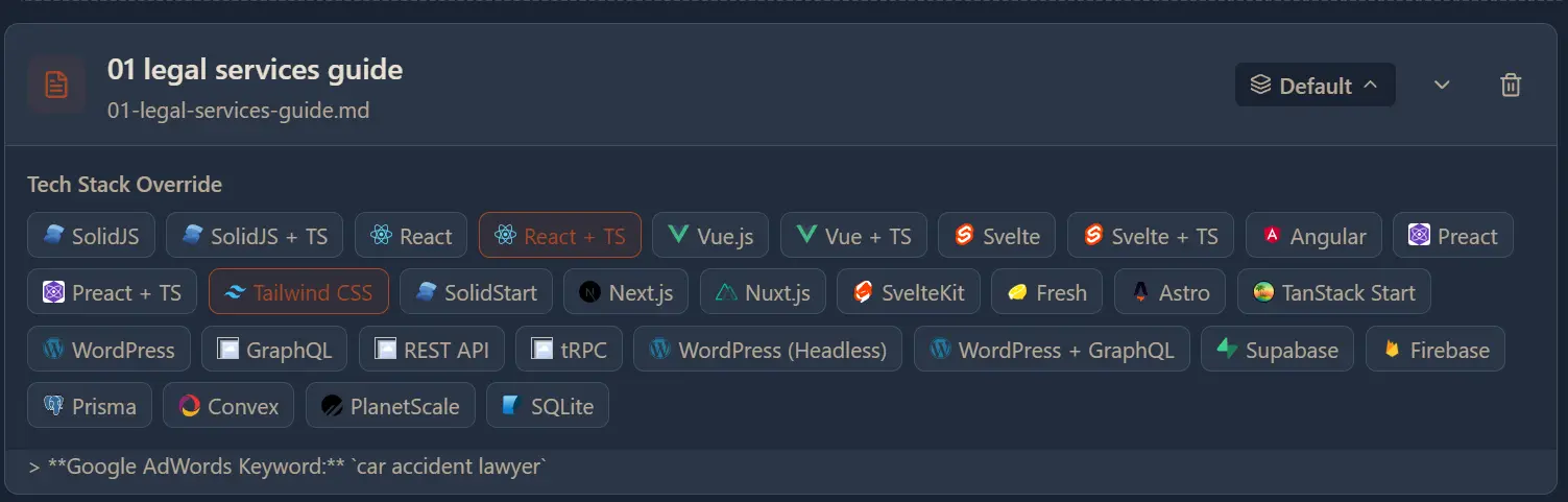 Tech stack override panel showing available frameworks and tools for the selected platform