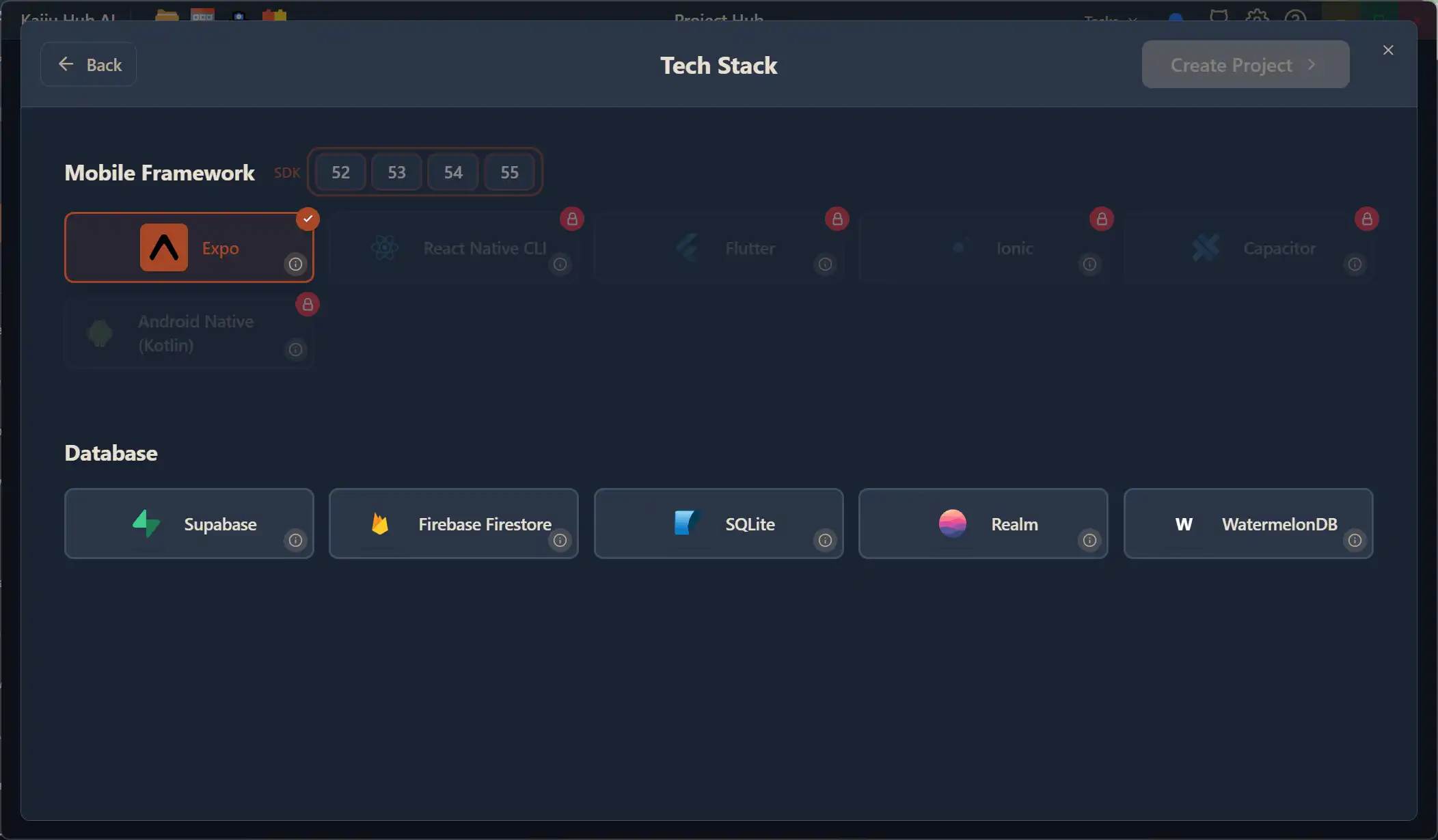 Tech Stack for Mobile projects showing Expo, React Native CLI, Flutter, Ionic, Capacitor, Android Native (Kotlin) with SDK version selector and Database options