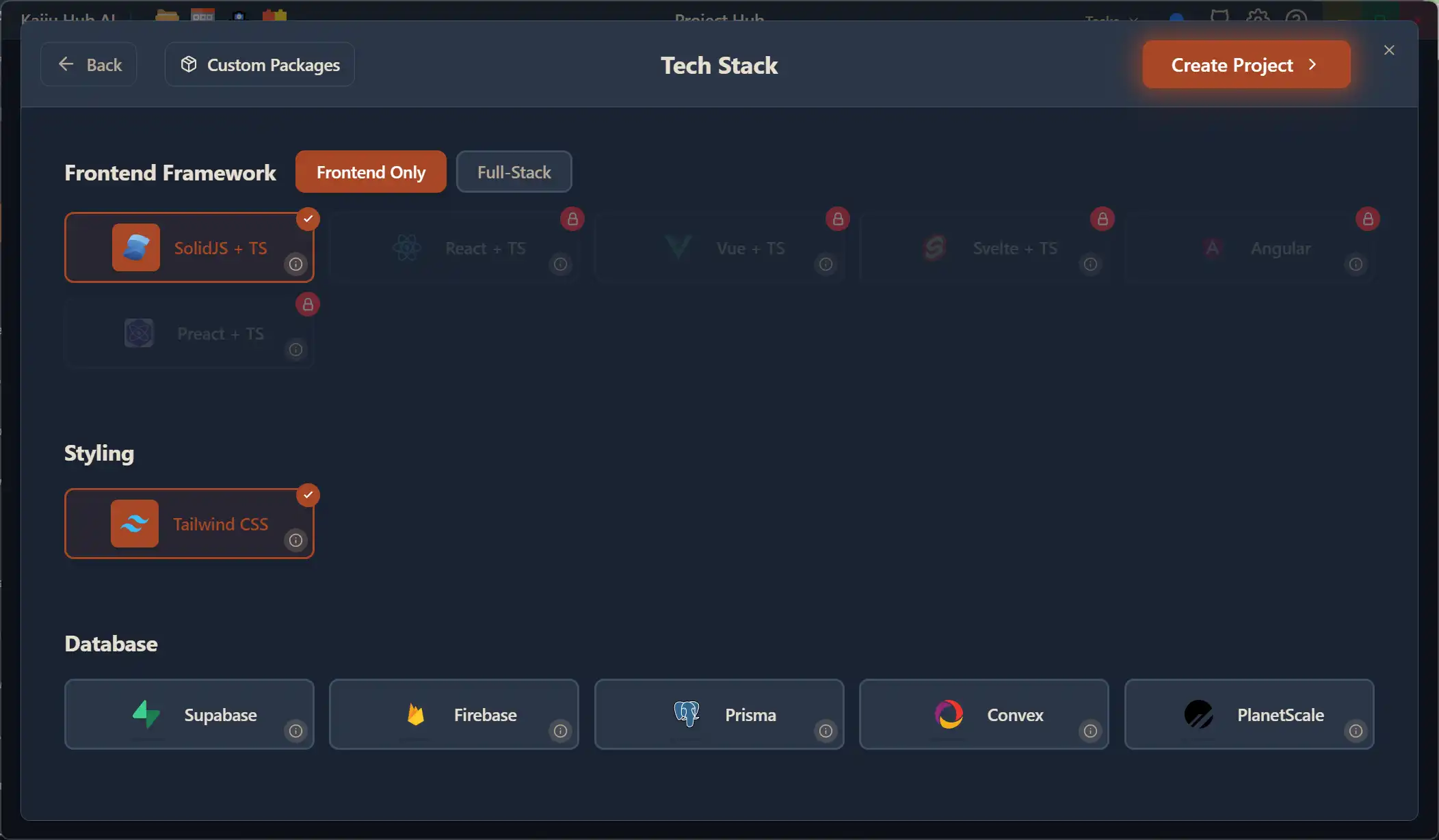 Tech Stack for Web projects in Frontend Only mode showing SolidJS, React, Vue, Svelte, Angular, Preact + Styling and Database options