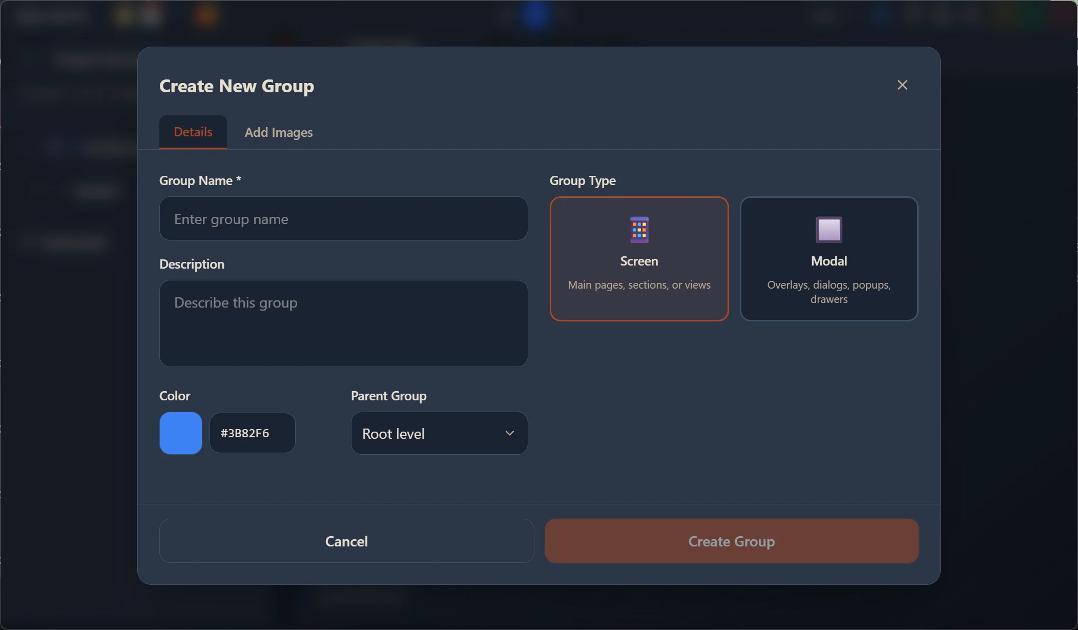 Create New Group dialog with group name, type selection (Screen or Modal), color picker, and parent group options